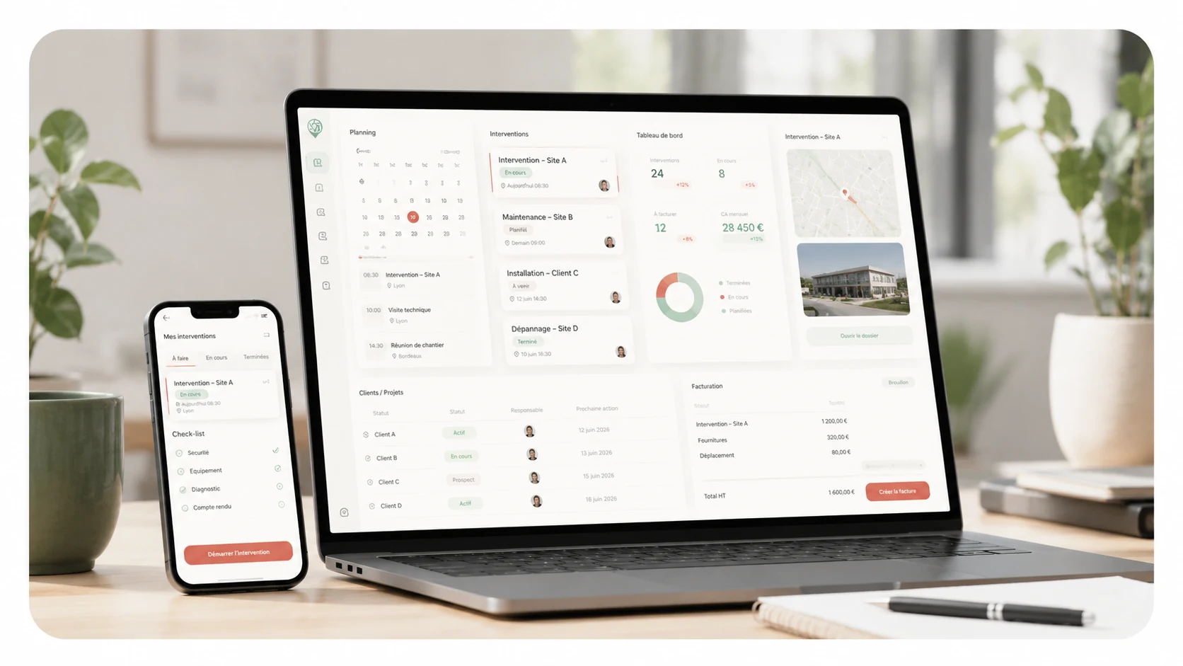 Illustration d'une application métier de gestion d'interventions sur ordinateur et smartphone