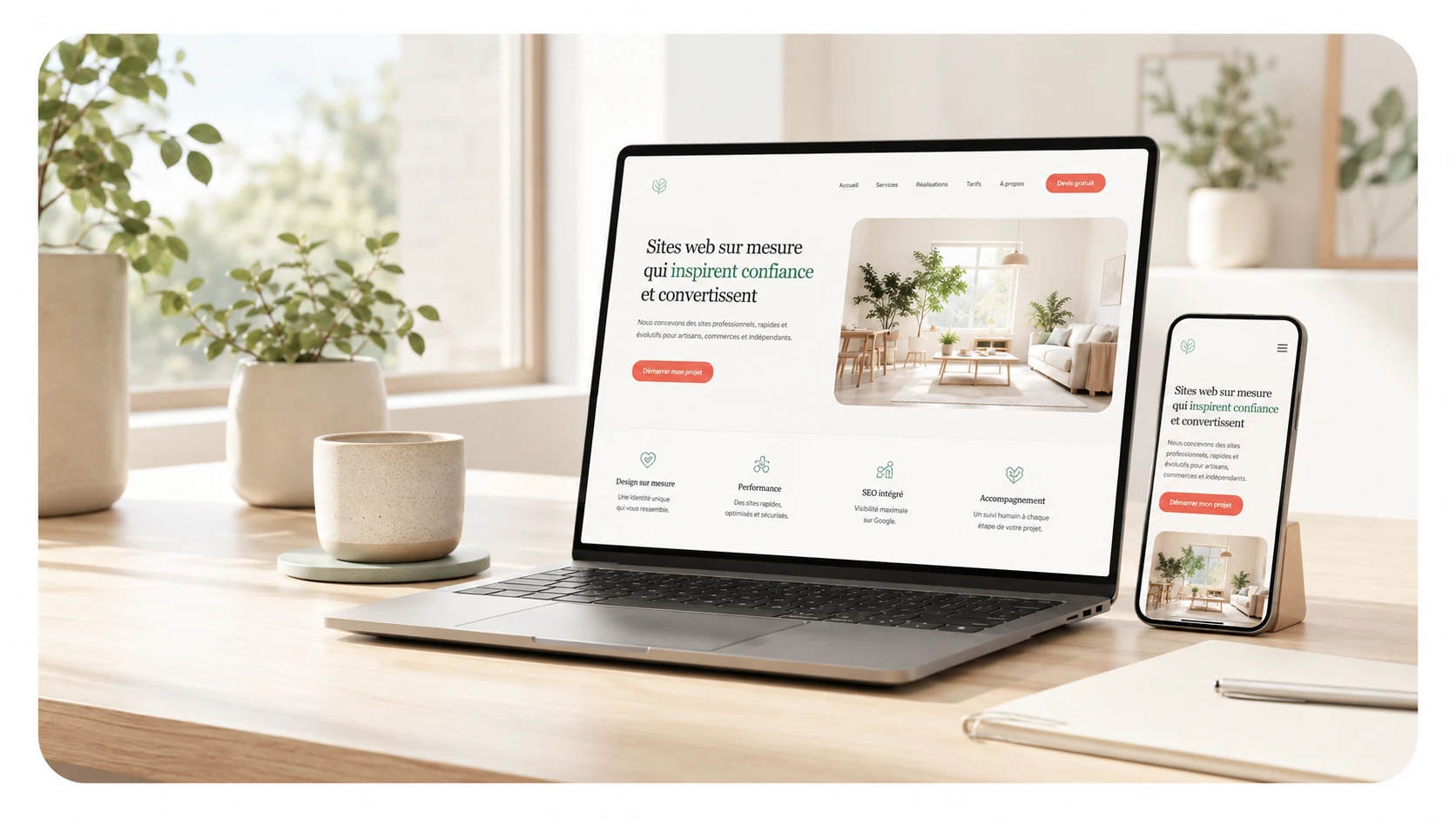 Illustration premium d'un site vitrine sur ordinateur portable et smartphone dans un espace de travail lumineux