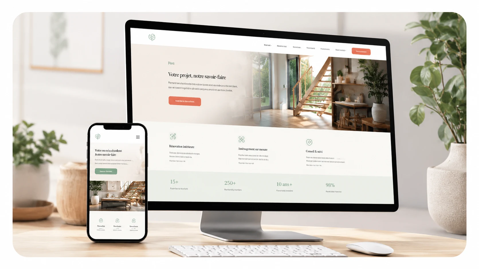 Illustration premium d'un site vitrine sur ordinateur et smartphone