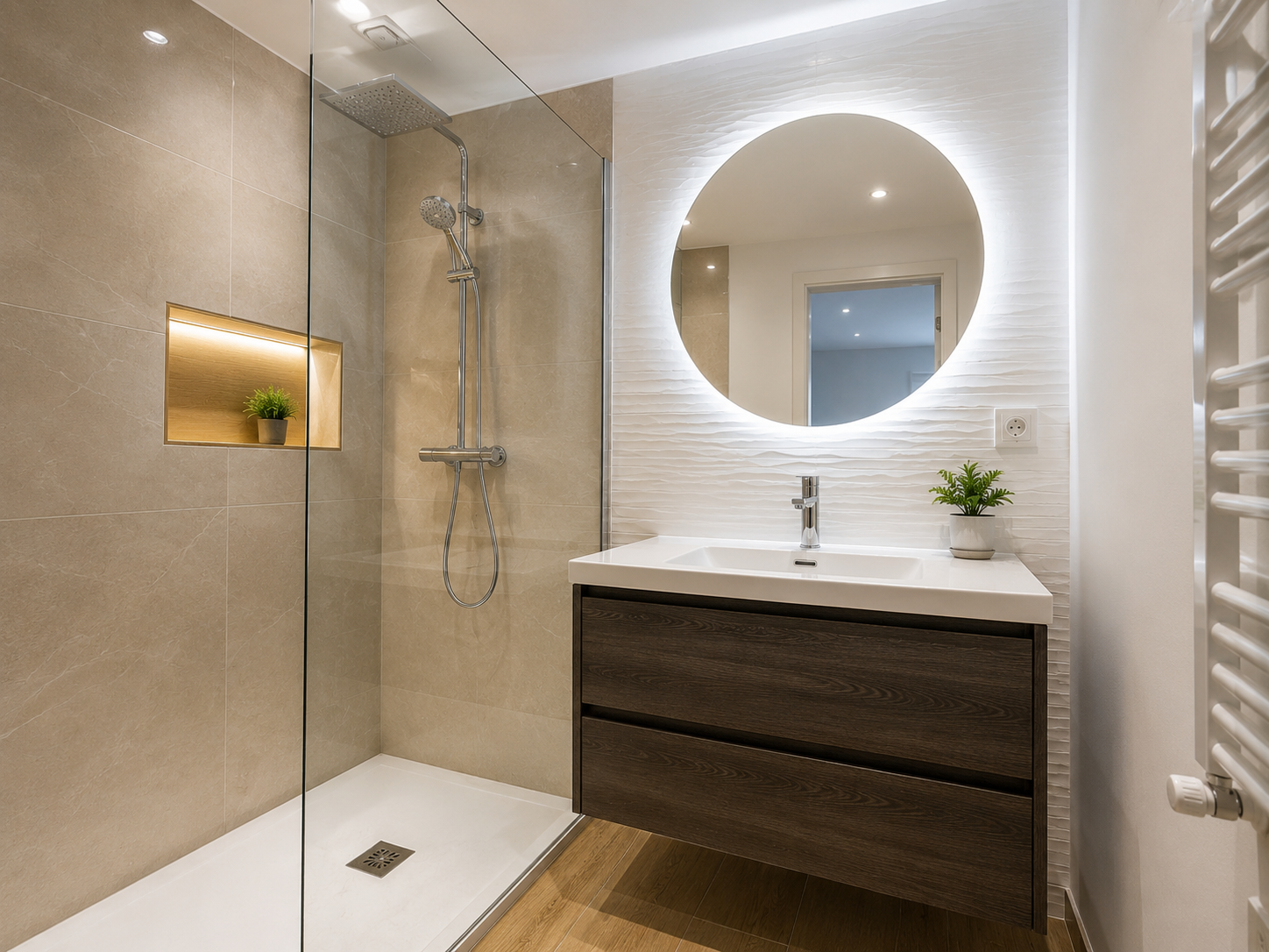 Salle de bains moderne avec miroir lumineux rond