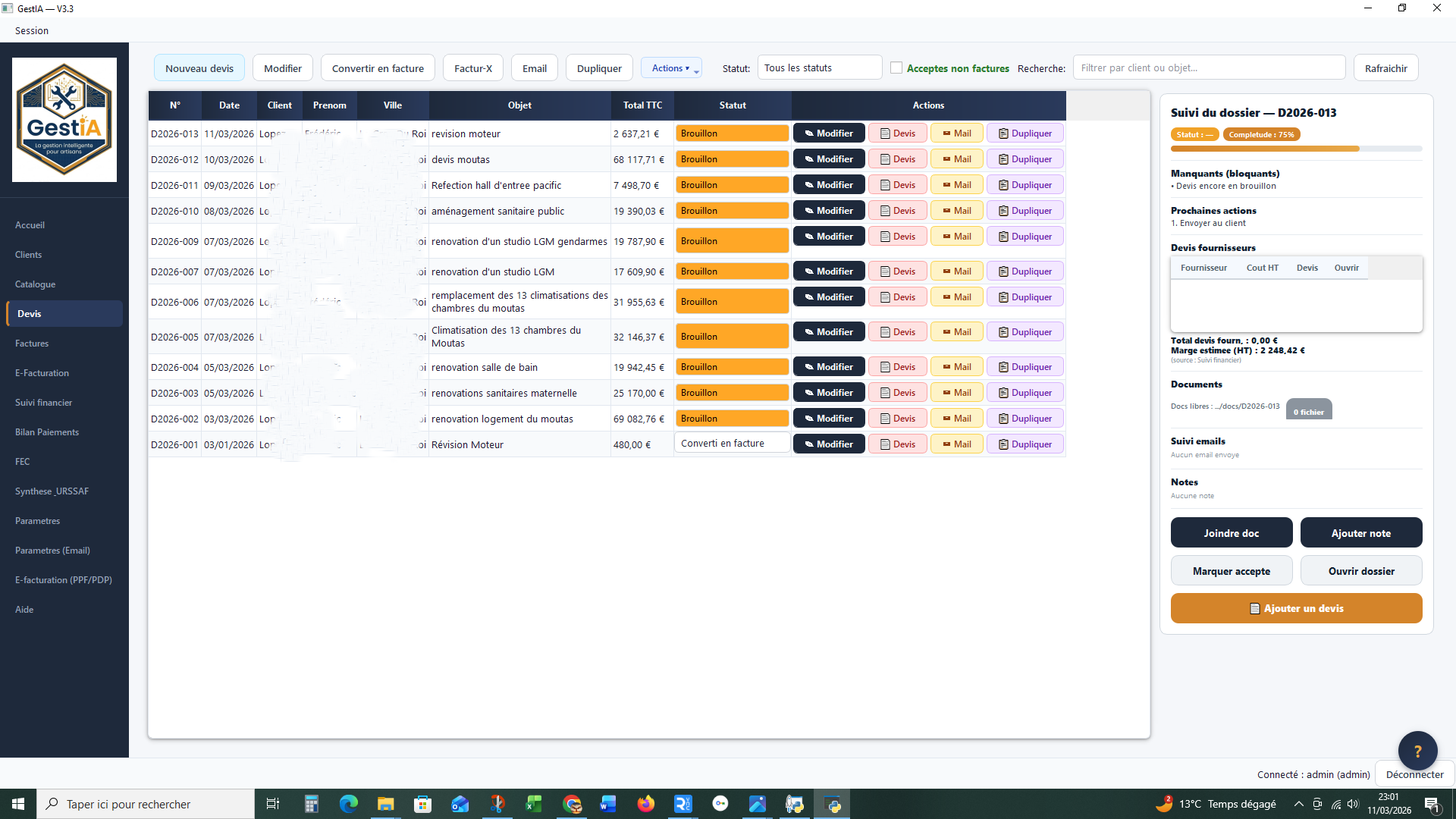 GestIA — Onglet Devis